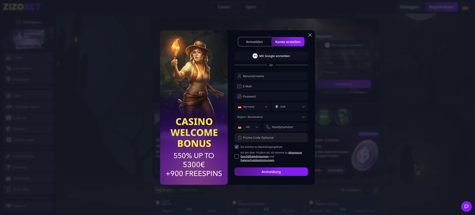 Registrierung Zizobet Casino Login: Registrierung